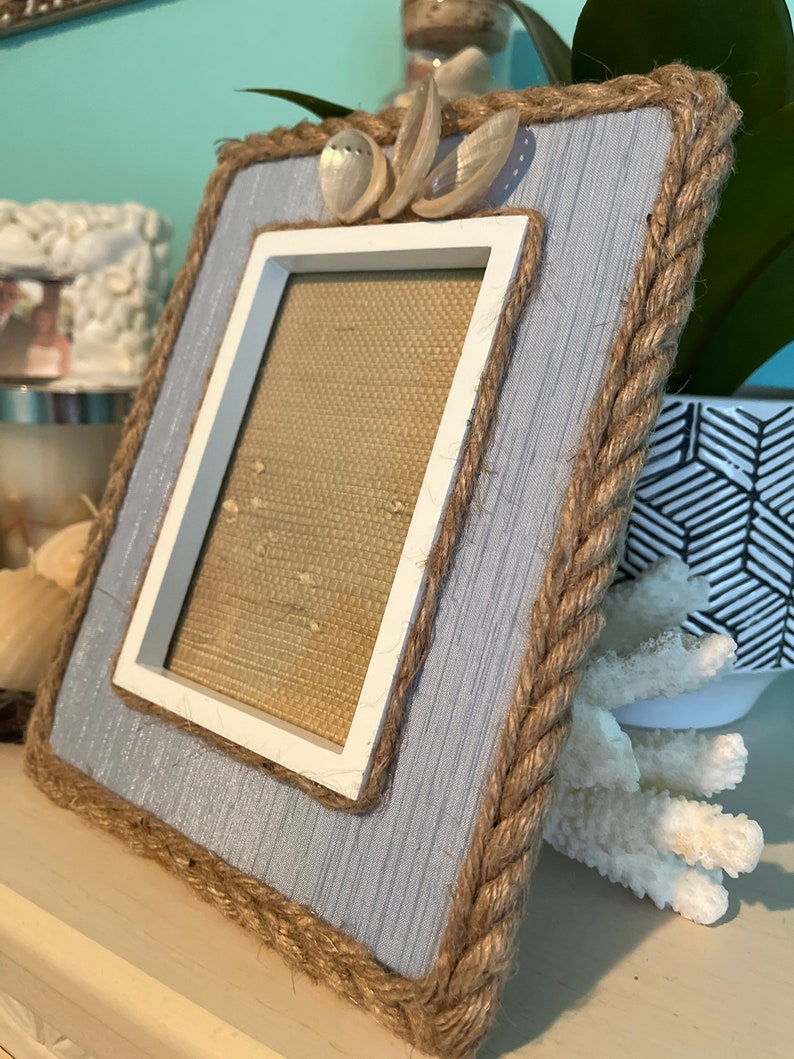 Small Baby Blue Fabric and Rope Frame With Pearlized Abalone Accent