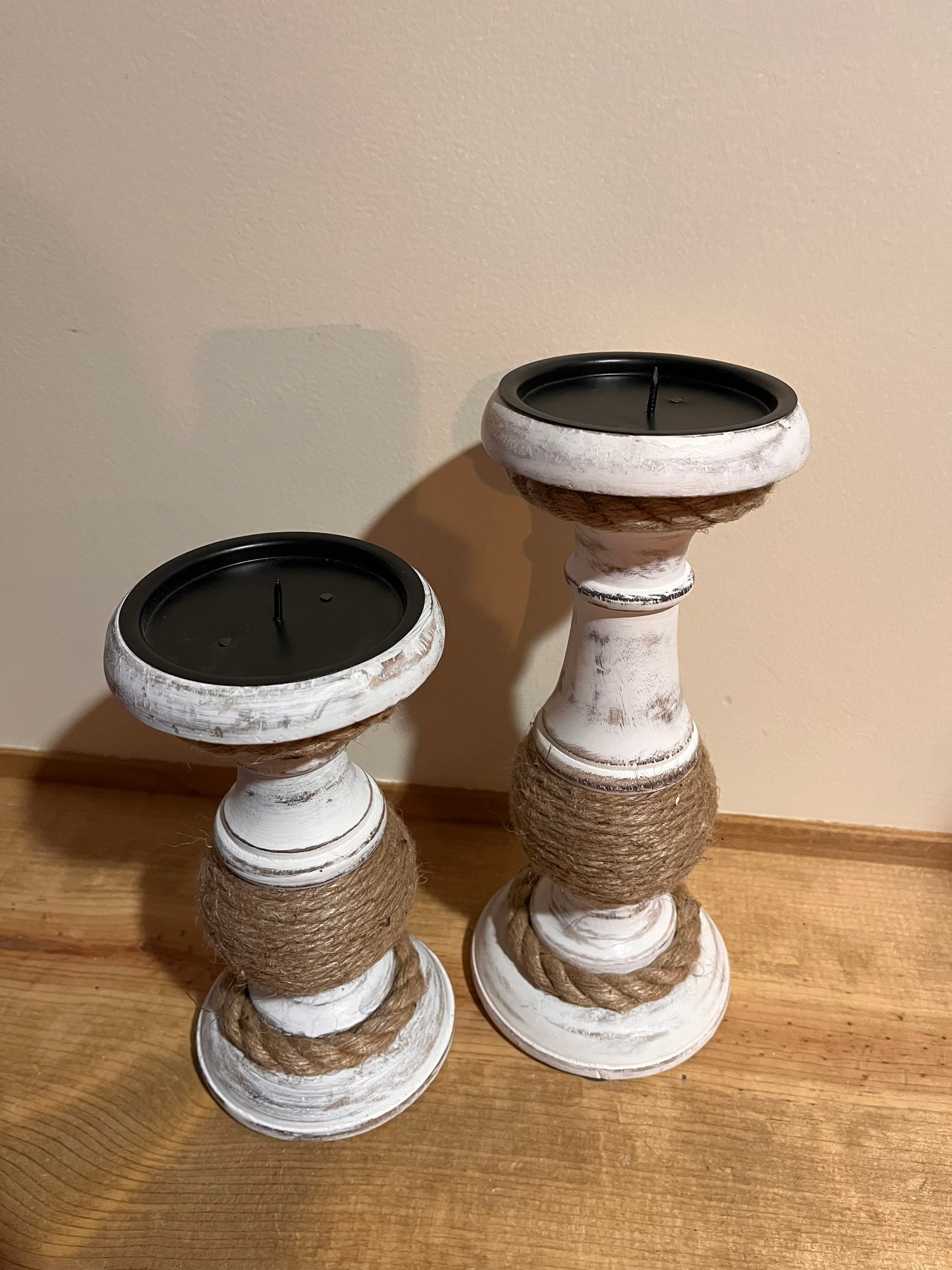 Set of Two Varied Height Candle Holders With Rope/jute, Nautical or