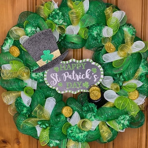 24&quot; St. Patrick&#39;s Day Wreath, Happy St. Patrick&#39;s Day, Leprechaun, Pot of Gold, Green Decor for Door, Four Leaf Clover, St. Paddy&#39;s Decor