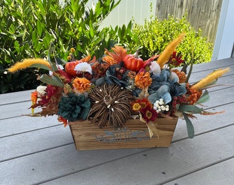 10" x 20" Centerpiece, Pumpkin & Mum Decor, Rustic Fall Centerpiece, Autumn Floral, Orange and Blue, Fall Dining Table Decor, Entryway Decor