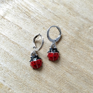 Puede incluir: Un par de pendientes de aro de plata con abalorios de mariquita rojos y negros.