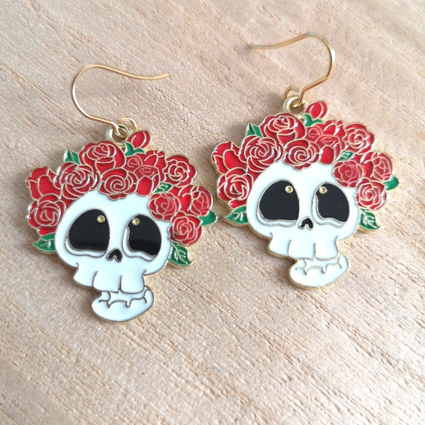 Skull earrings Girly skull Skull and flowers Halloween earrings Dia de los muertos