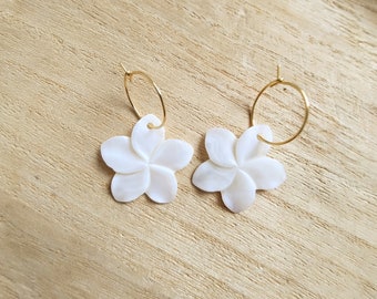 Mother of pearl hibiscus earrings White pearl flower jewelry Hook earrings Bridal earrings Wedding jewelry