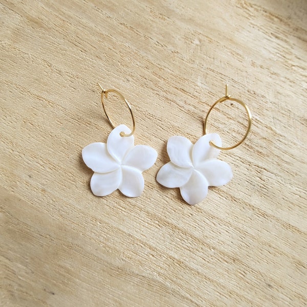 Mother of pearl hibiscus earrings White pearl flower jewelry Hook earrings Bridal earrings Wedding jewellery