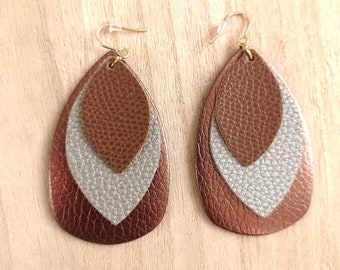 Leather earrings Faux leather jewelry Three layers earrings