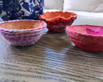 Fabric and Yarn Bowls Set of 3, Small Bowls, Decorative, Mixed Media