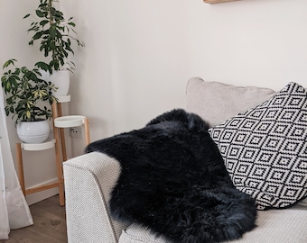 Luxury Genuine Sheepskin Silky Glossy Black Rug Throw.