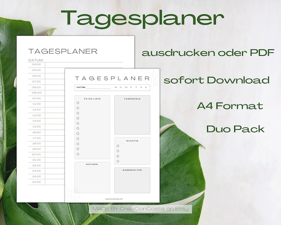 Tagesplaner Vorlage zum Ausdrucken oder Tagesplaner digital benutzen | DEUTSCH / GERMAN | Tagesplaner PDF | Duo Pack