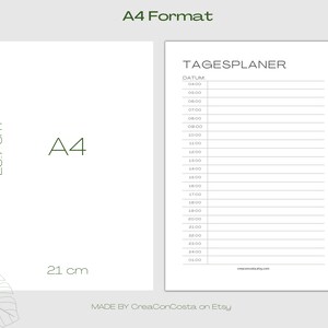 May include: A printable daily planner in A4 format (29.7 cm x 21 cm) with the title "TAGESPLANER" and a column for "DATUM" with time slots from 04:00 to 01:00.