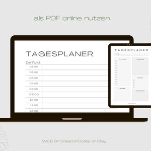 May include: A digital illustration of a daily planner on a laptop screen. The planner is divided into sections for to-do lists, tasks, notes, and a time schedule. The text on the screen reads "TAGESPLANER" and "DATUM".