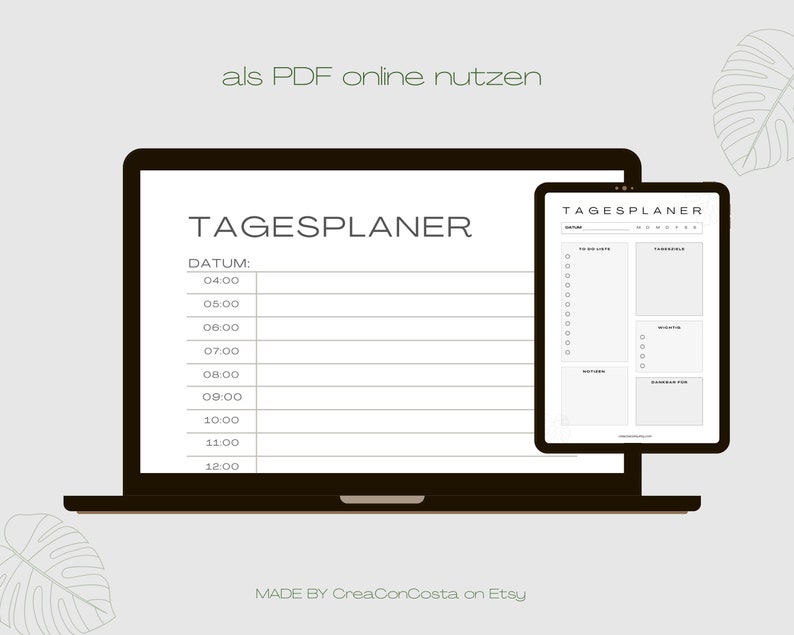 May include: A digital illustration of a daily planner on a laptop screen. The planner is divided into sections for to-do lists, tasks, notes, and a time schedule. The text on the screen reads "TAGESPLANER" and "DATUM".