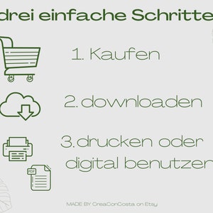 May include: A green illustration showing three steps to purchase a digital product: buy, download, and print or use digitally. The illustration includes a shopping cart, a cloud with a download arrow, a printer, and a PDF file.