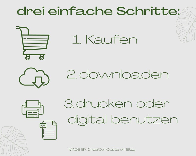 May include: A green illustration showing three steps to purchase a digital product: buy, download, and print or use digitally. The illustration includes a shopping cart, a cloud with a download arrow, a printer, and a PDF file.