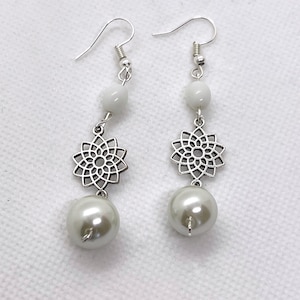 Hanging earrings in white and silver with plastic bead - handmade