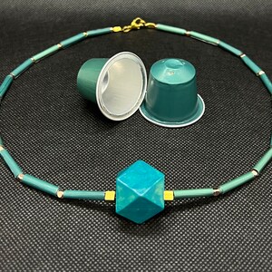 Necklace turquoise - handmade from recycled Nespresso coffee capsules, with wooden pendant and small pearls