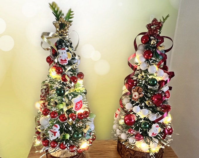 Dollhouse Miniature Decorated Christmas Trees With Lighting. Table