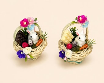 Dollhouse miniature Easter basket with eggs, flowers, candies, rabbit with carrots. Easter ornaments size 1/12, 1/6. Decoration for Easter.