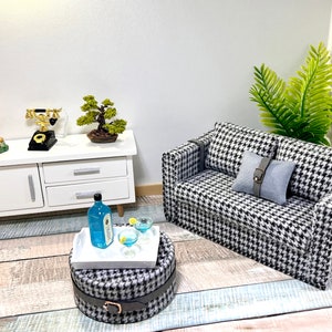 Dollhouse miniature sofa set for living room. Sofa whit pillows, blanket and table . Style sofa, modern furniture . Miniature couch 1/12.
