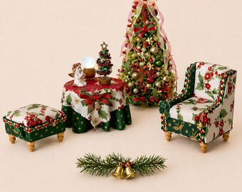 Dollhouse miniature Christmas furniture collection 1/12. Festive chair with bells, table with lamp, Santa and tree, pillow. Christmas decor.