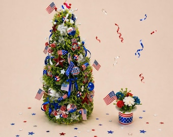 Patriotic Tree - 4th of July Decoration with Uncle Sam. Handmade Light-Up Miniature   American Tree for Dollhouse 1:12 and Tabletop display.