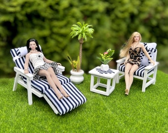 Dollhouse miniature garden furniture , beach deck chair, chair and table for 1/12 scale dolls. Dollhouse wooden furniture with mattresses.