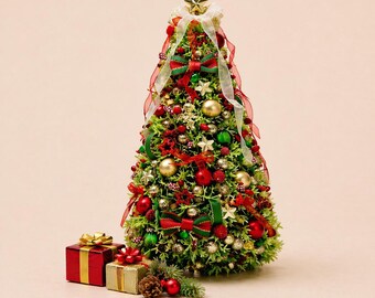 Dollhouse miniature handmade holiday decorated Christmas tree 1/12 with lighting, angel, holly, stars, gold, red and green ornaments.