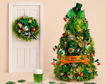 Dollhouse miniature St. Patrick's Day lighted tree 1/12, decorated with a leprechaun, hat, gold coins, horseshoes, and beer. Tabletop tree.