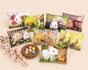 Dollhouse miniature Easter pillows with bunnies, baskets with eggs and flowers. Easter cushions for dolls 1:12. Easter accesories.