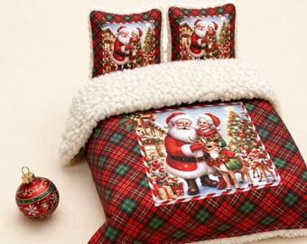 Dollhouse miniature Christmas winter bedding. Christmas pillows, woolen blanket and a tartan with a picture of Mrs. Klaus.Bed linens 1/12.