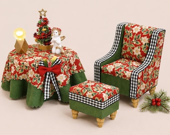 Dollhouse Christmas Furniture Set 1:12 Scale, Santa Chair, Footstool, Christmas Tree, Table Lamp, Angel, Miniature Holiday Decor, Handmade