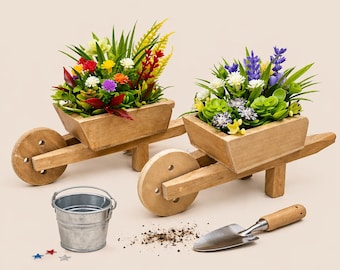 A wooden wheelbarrow with carnation and lavender flowers. Dollhouse miniature spring garden decoration with lighting 1/12.