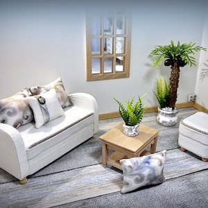 Dollhouse miniature white sofa with stool and cushions for dolls. Modern linen sofa set, living room furniture. Miniature couch set 1/12.