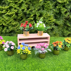 Dollhouse miniature flowers and plants for dolls size 1/2, 1/6. Miniature greenery, houseplant, garden plant for dollhouse in a golden pot.