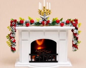 Dollhouse miniature wooden fireplace with fire, fireplace insert with light, glowing Christmas garland. Christmas decoration for dolls 1/12.