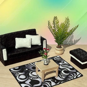 Dollhouse miniature  sofa set. B&W sofa with stool. Modern living room sofa set for dolls 1/12. Miniature furniture, couch  for dollhouse.