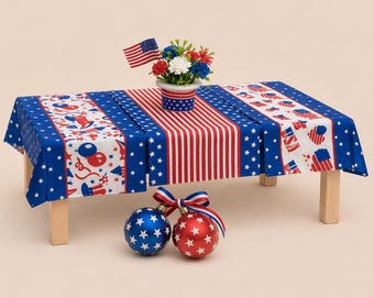 4th of July - miniature table decoration. Handmade tablecloth and hat with flowers with American theme, size 1:12. Dollhouse accessories.