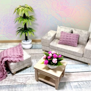 Dollhouse miniature  sofa with stool, blanket and cushion. Modern sofa, furniture for the living room. Miniature couch set size 1/12.