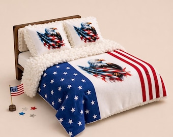 4th of July Decoration, Dollhouse Miniature  Bedding with a US Flag Pattern. Pillows, Comforter.  Luxury 1/12 dollhouse bedroom bedding set.