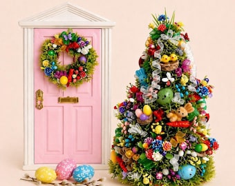 Dollhouse miniature Easter tree with lighting. Easter decoration 1/12. Easter rabbits, spring flowers, eggs.