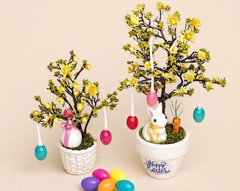 Dollhouse miniature Easter tree with eggs and bunny. Egg tree - golden rain, size 1/12. Easter ornaments for dolls, decoration for Easter.