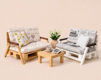 Dollhouse miniature garden furniture, wooden bench with mattresses and cushion for dolls , wooden  furniture  1/12 scale from euro pallets.