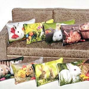 Dollhouse miniature Easter pillows with bunnies, baskets with eggs and flowers. Easter cushions for dolls 1:12. Easter accesories.