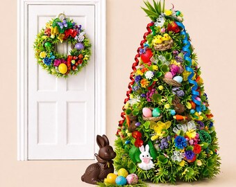 Dollhouse miniature Easter tree with lighting. Easter decoration 1/12. Easter rabbits, spring flowers, eggs.