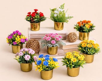Dollhouse miniature flowers and plants for dolls size 1/2, 1/6. Miniature greenery, houseplant, garden plant for dollhouse in a golden pot.