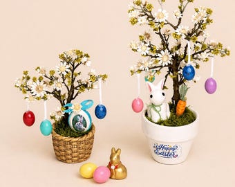 Dollhouse miniature Easter tree with eggs and bunny. Egg tree - cherry blossom, size 1/12. Easter ornaments for dolls, Easter decorations.