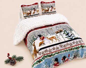 Dollhouse miniature  Christmas winter double bedding. Christmas pillows, blanket made of wool, pictures of deer and snowmen. Bed linens 1/12