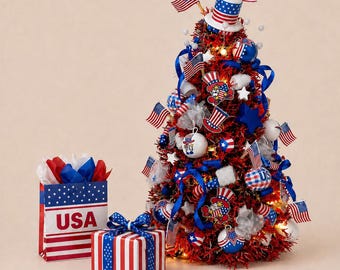 4th of July Decoration with Uncle Sam - Patriotic Tree. Handmade Light-Up Miniature   American Tree for Dollhouse 1:12 and Tabletop display.