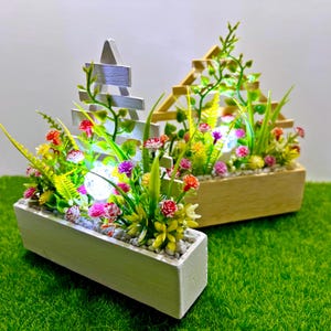 Dollhouse wooden flowerpot with flowers, plants and LED lamp. Miniature potted plants, garden flowers decoration with lighting 1/12.