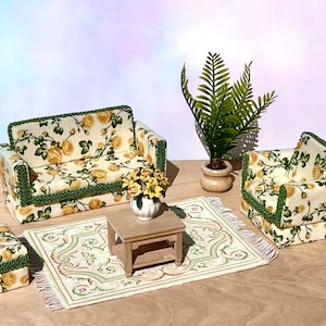 Dollhouse miniature retro sofa whit flowers, armchair with stool. Living room set for dolls 1/12. Miniature furniture, romantic couch .
