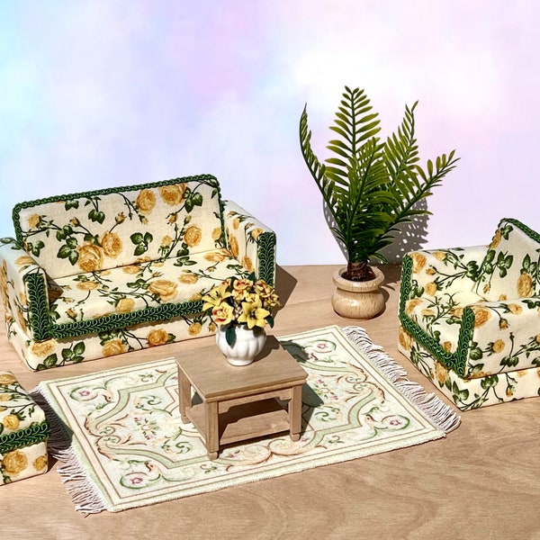 Dollhouse miniature retro sofa whit flowers, armchair with stool. Living room set for dolls 1/12. Miniature furniture, romantic couch .
